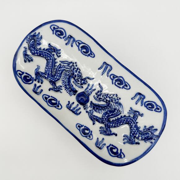 Antique Chinese Neck Pillow Blue and White Chinoiserie Dragon Boat Porcelain - Picture 6 of 13